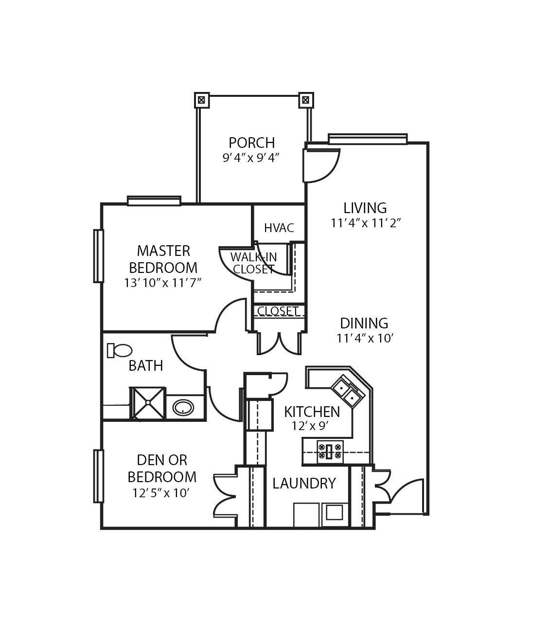 A two-bedroom, two-bathroom apartment floor plan at Brookview Meadows complete with a den, kitchen and patio in Green Bay, Wisconsin