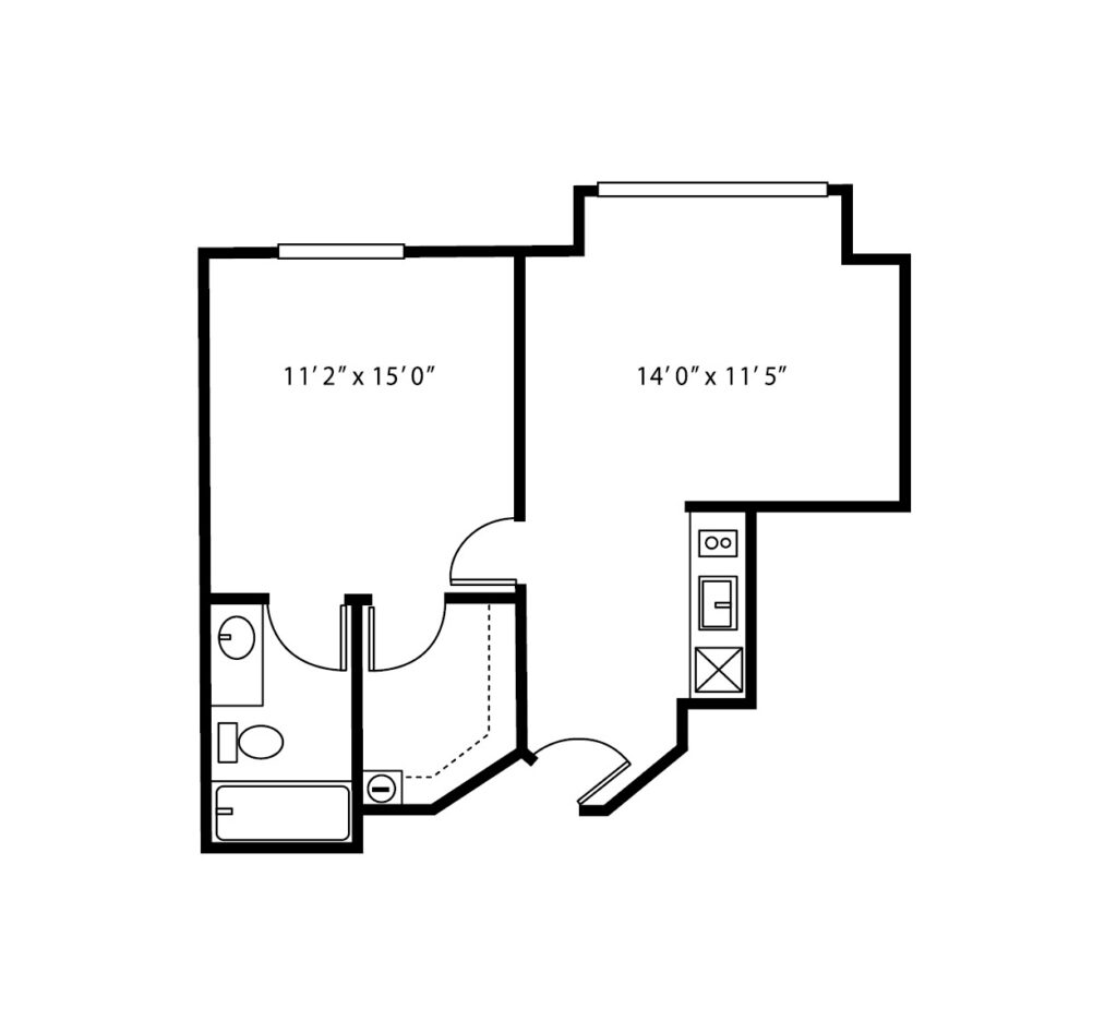 One-bedroom apartment floorplan with living room, bathroom and kitchenette at a senior living community in Raleigh, North Carolina.