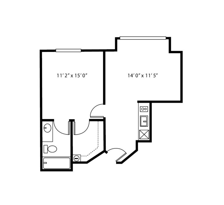 One-bedroom apartment floorplan with living room, bathroom and kitchenette at a senior living community in Raleigh, North Carolina.