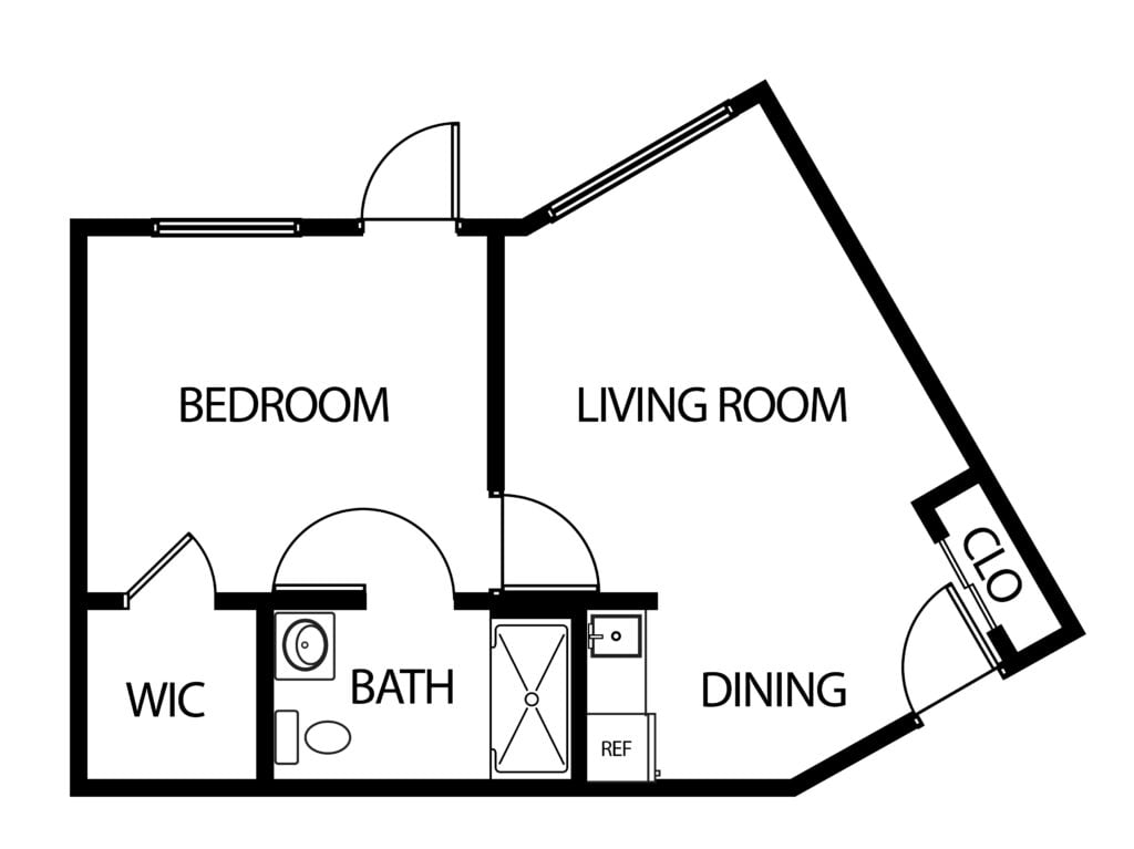 one-bedroom apartment with living room, bathroom and kitchenette