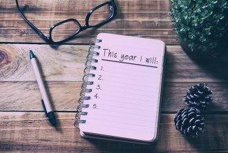 New Years resolution checklist with reading glasses and pen on a desk.
