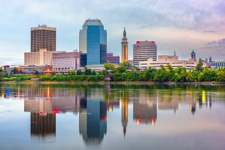 Springfield, Massachusetts, USA downtown skyline at dusk.