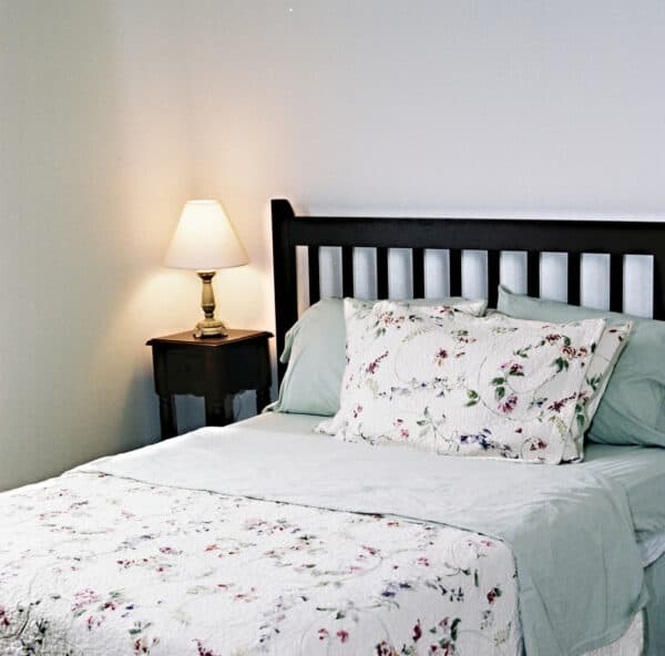 Closeup of the bedding at the Keystone Woods senior living apartment in Anderson, Indiana.