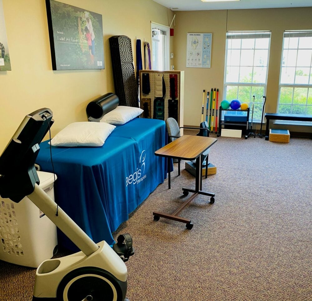Exercise equipment in a therapy room at a senior living community in Indianapolis, Indiana.