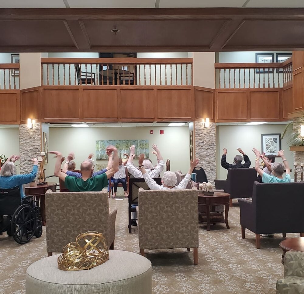 Group of seniors exercising at a senior living community in Omaha, Nebraska.