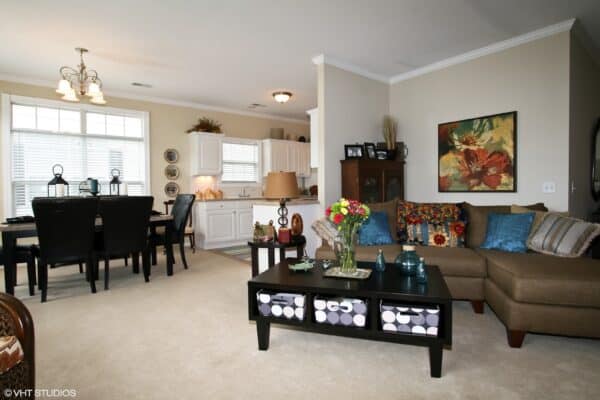 Living room and kitchen in a senior apartment at a senior living community in St. Joseph, Missouri.