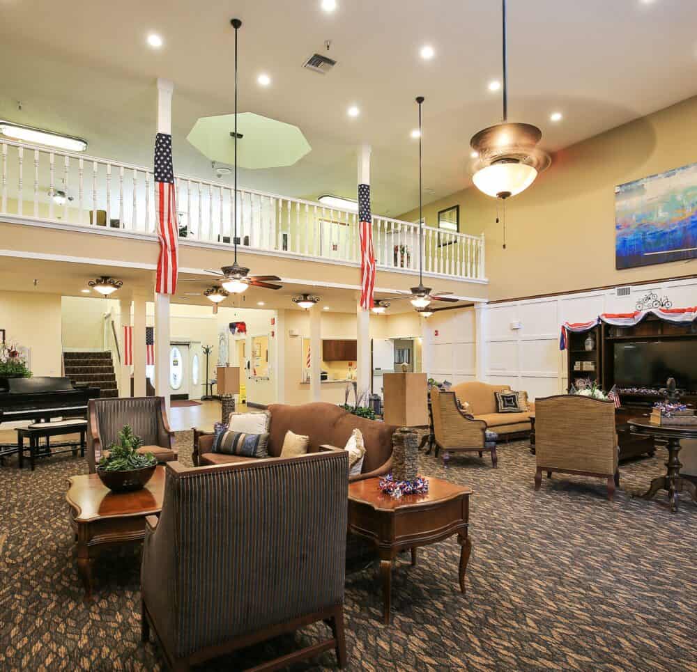 Lobby and front entrance at a senior living community in Pensacola, Florida.