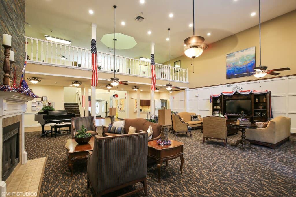 lobby and front entrance at the waterford at carpenter\'s creek senior living community in pensacola, florida
