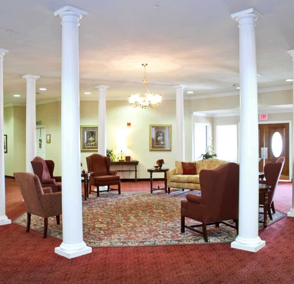 Lobby area with pillars and chairs in Fort Worth, Texas.