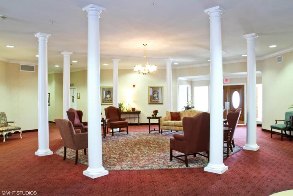 Lobby area with pillars and chairs in Fort Worth, Texas.