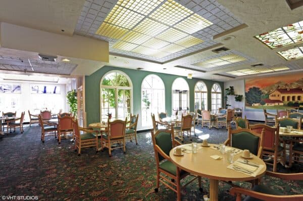 Dining room at the Villa Santa Barbara, a senior living community in Santa Barbara, California.