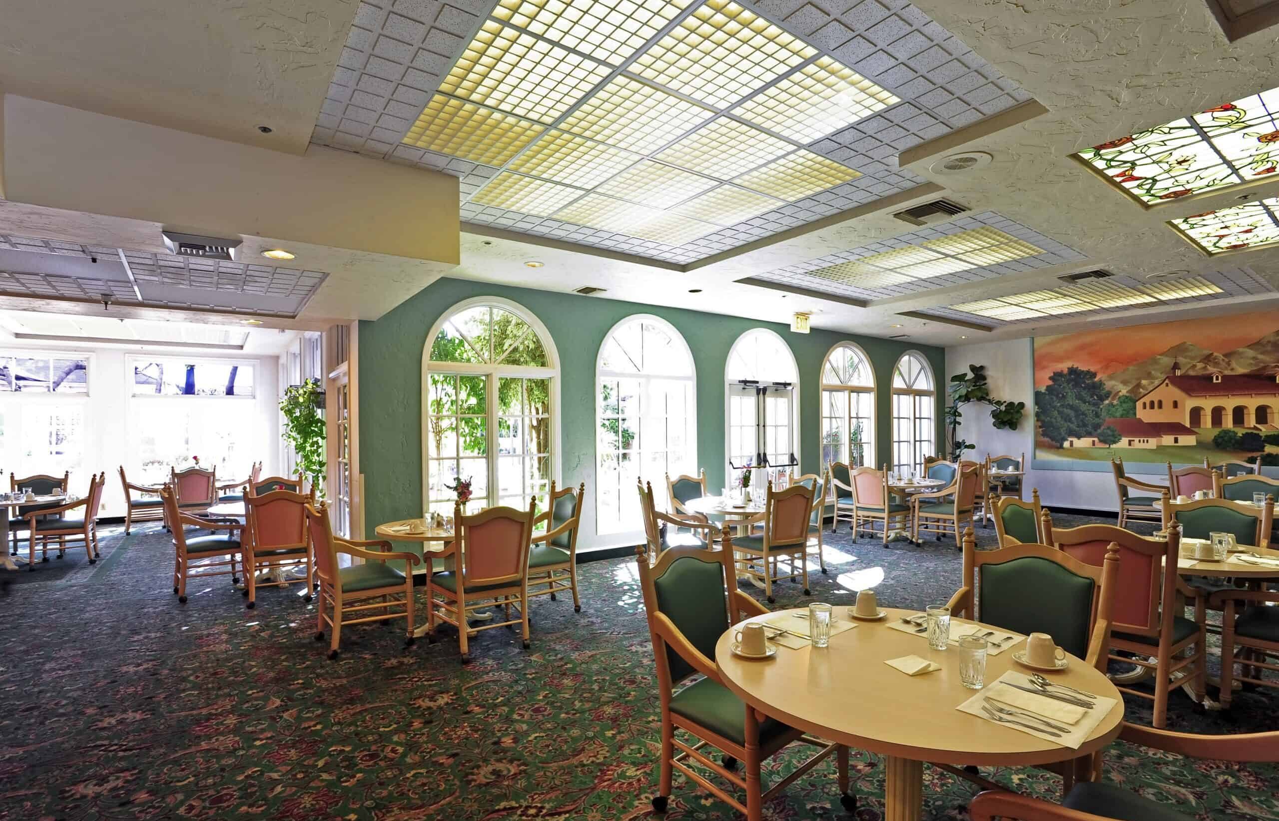 Dining room at the Villa Santa Barbara, a senior living community in Santa Barbara, California.