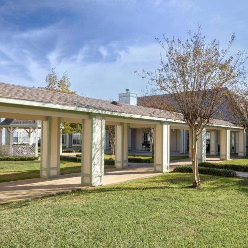Outdoor courtyard with a gazebo and walking path