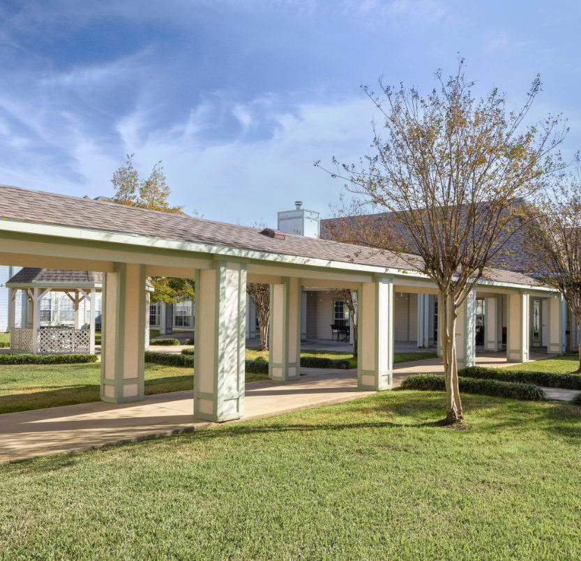 Outdoor courtyard with a gazebo and walking path