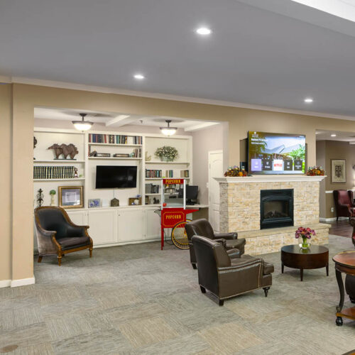 The Waterford on Cooper activity room with fireplace and games