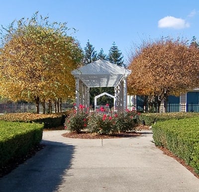 A beautiful gazebo amidst landscaping and walking paths in Fort Wayne, Indiana.