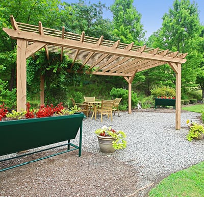 A pergola and raised gardens in a well-landscaped courtyard in Columbus, North Carolina.