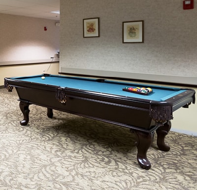 A billiards table setup for a game in Elkhorn, Nebraska.