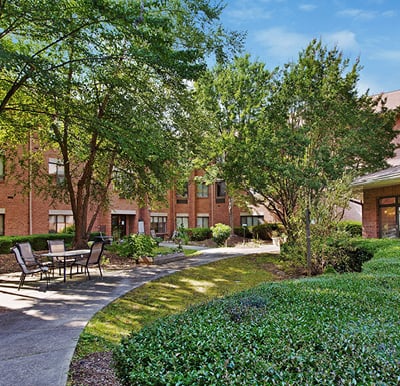 Courtyard at Olde Raleigh senior living community in Raleigh, North Carolina.