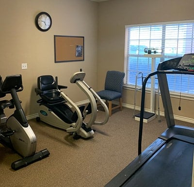 Fitness center at senior living facility in Irving, Texas.