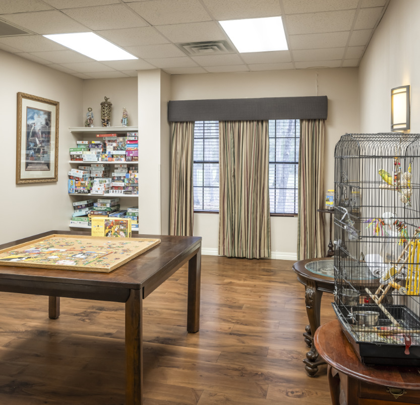 Activity room with a game table, a shelf filled with games, and a bird cage