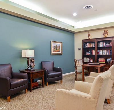 Library and sitting area in senior living facility in Macedonia, Ohio.