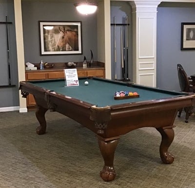A billiards table set up for a game in Macedonia, Ohio.