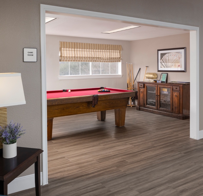 The game room includes a billiards table for seniors to play a game of pool