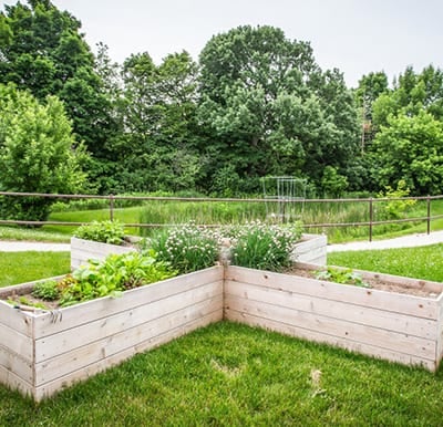 Beautiful raised gardens surrounded by a walking path in West Bend, Wisconsin.