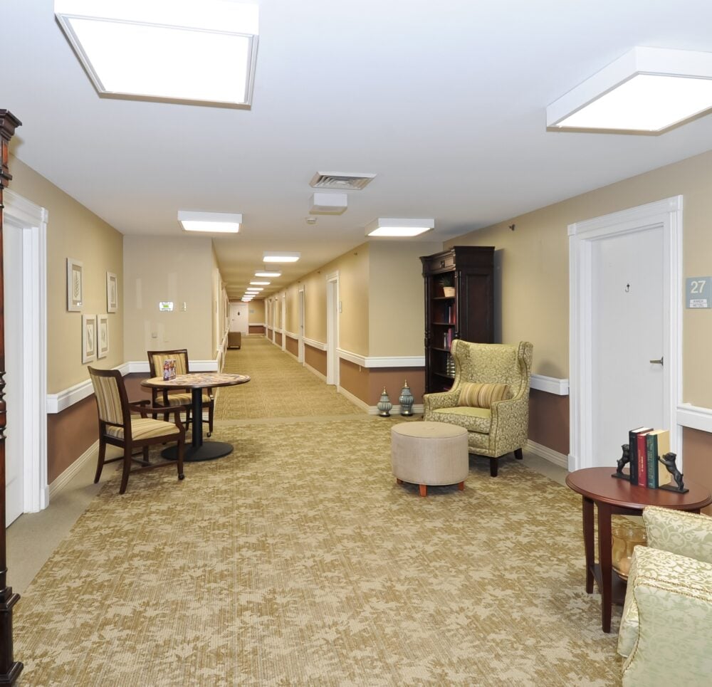 Hallway with seats at a senior living community in Indianapolis, Indiana.