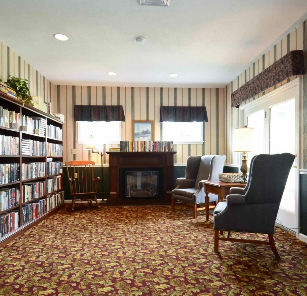 Library with rows and rows of books at a senior living community in Greencastle, Indiana.