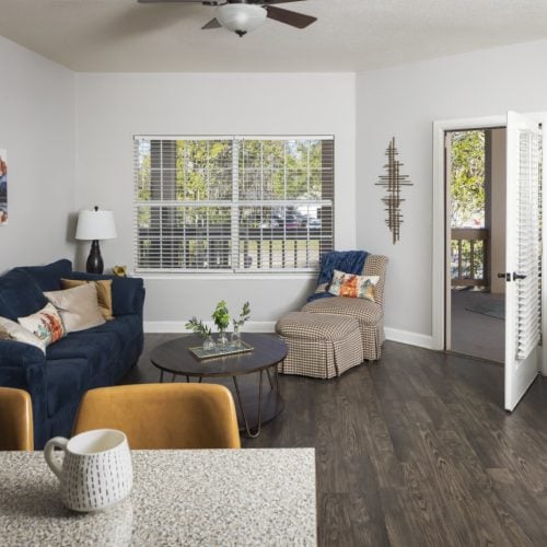 Senior apartment living room with a TV, couch, chair and outdoor balcony