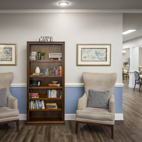 Two comfortable chairs near a book shelf
