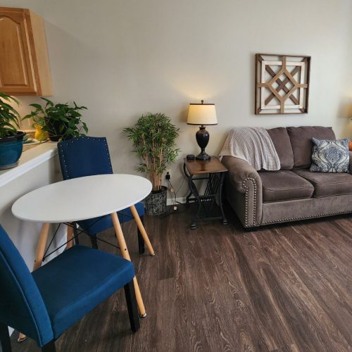 Apartment living room with a couch and small seating area near the kitchen