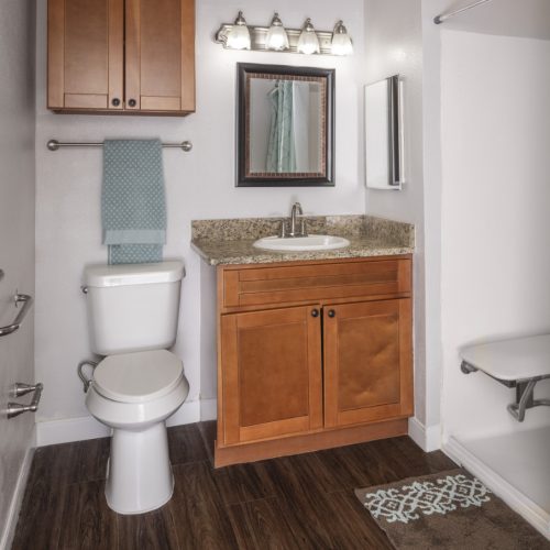 Apartment bathroom includes a toilet, sink, cabinets and a shower with a shower seat