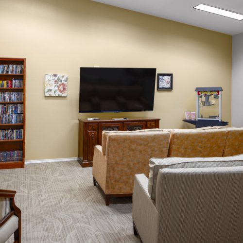 TV room includes a popcorn machine, various seating options and lots of movies to watch