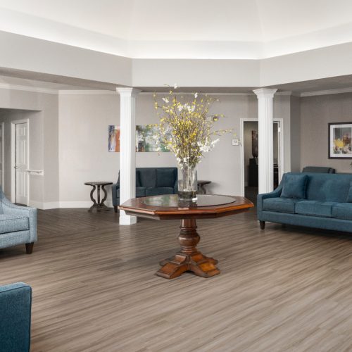 Lobby with plenty of seating at a senior living community in San Antonio, Texas