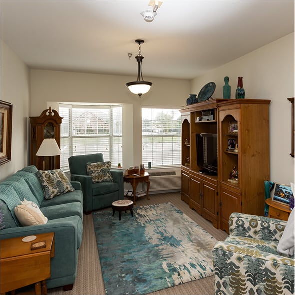 A model apartment living room in Baytown, Texas.