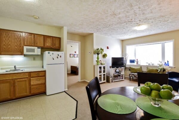 Model apartment living space at a senior living facility in Omaha, Nebraska.