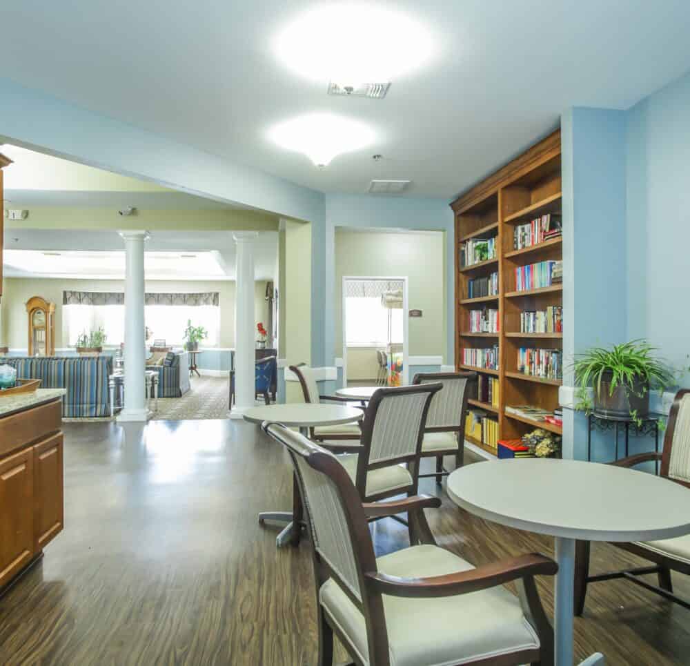 Lobby eating area at Whitley Place in Keller, Texas.