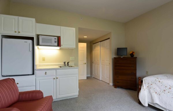 Senior apartment with a kitchenette at a senior living community in Greencastle, Indiana.