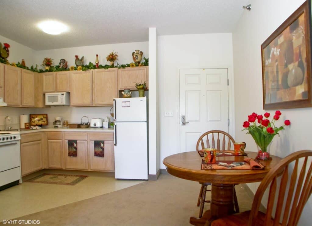 Senior living apartment with full size kitchen and dining area in Mansfield, Ohio.