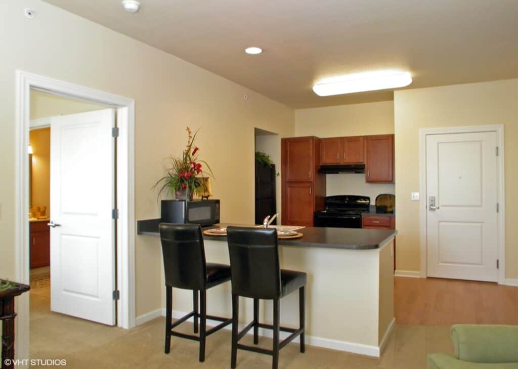 Senior apartment kitchen at senior living community in Perrysburg, Ohio with full kitchen.