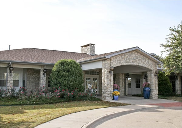 Front entrance of a senior living facility in Stephenville, Texas.