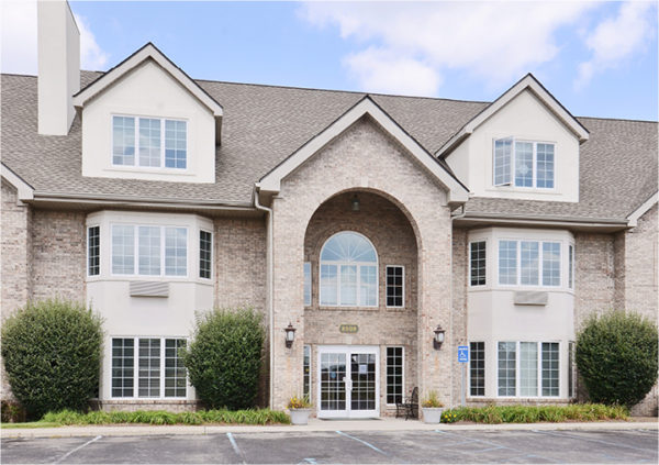 Front entrance of a senior living facility in Indianapolis, Indiana.