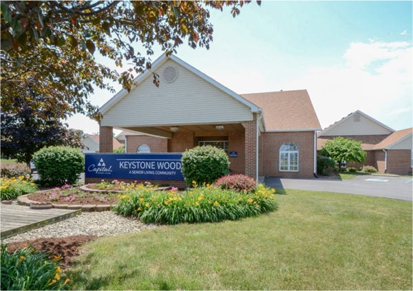 Front entrance of a senior living facility in Anderson, Indiana.