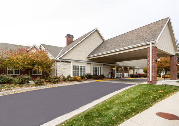 Front entrance of a senior living facility in Elkhorn, Nebraska.