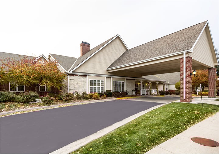 Front entrance of a senior living facility in Elkhorn, Nebraska.