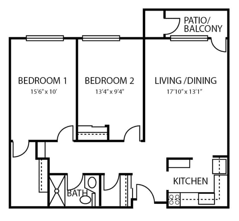 Independent living two-bed, one-bath apartment floor plan in Williamsville, New York.