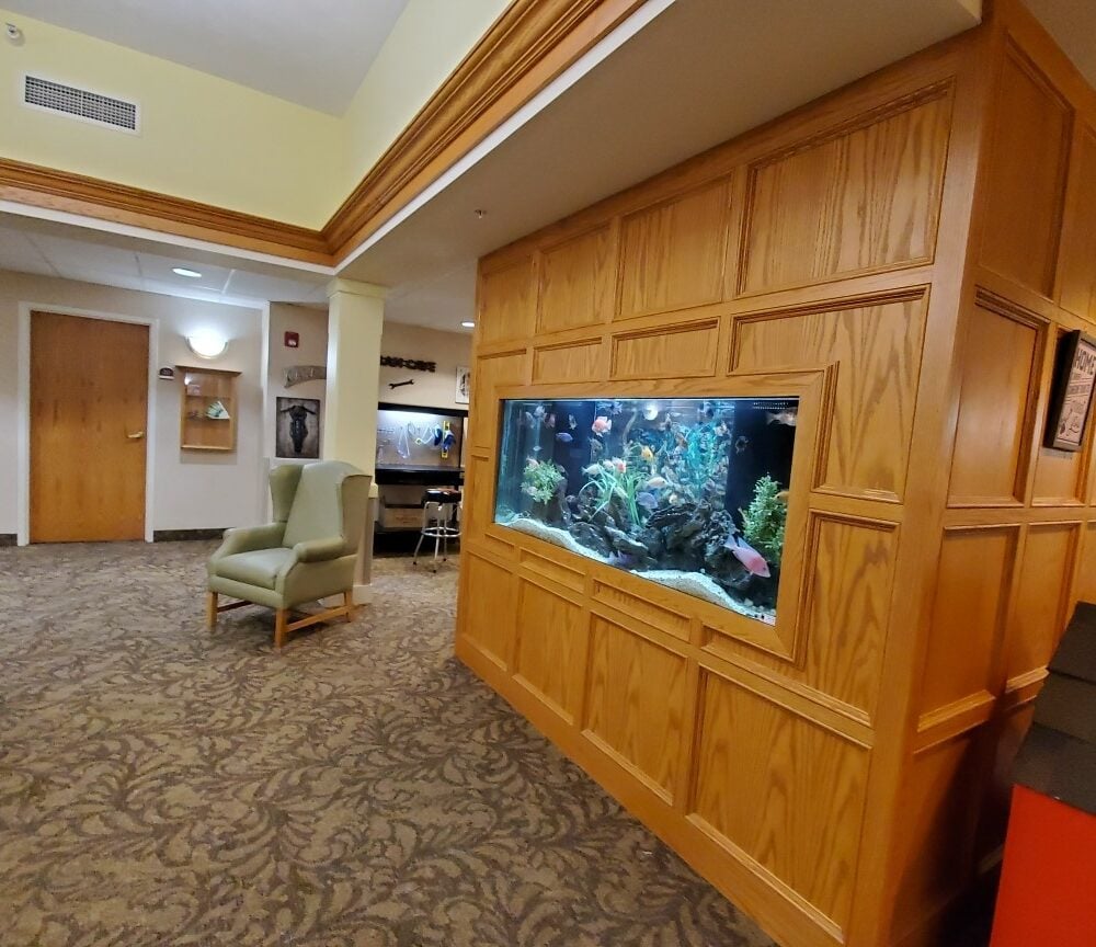 View of the indoor fish tank at the Marquis Place of Elkhorn in Elkhorn, Nebraska.